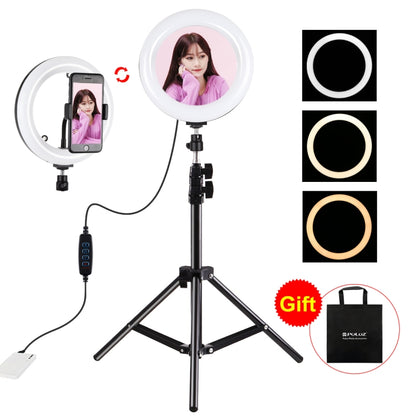 PULUZ 7.9 inch 20cm Mirror Light+ 1.1m Tripod Mount USB 3 Modes Dimmable Dual Color Temperature LED Curved Light Ring Vlogging Selfie Photography Video Lights with Mirror & Phone Clamp(Black) - Consumer Electronics by PULUZ | Online Shopping UK | buy2fix