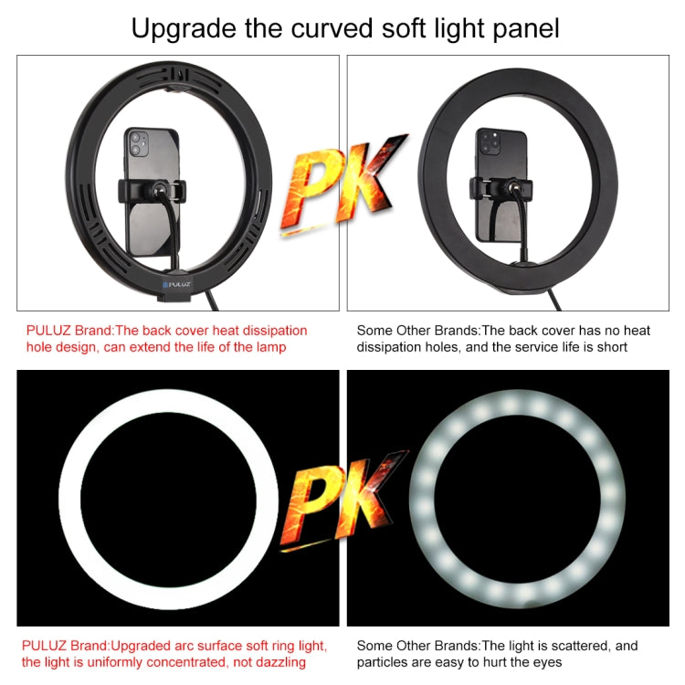 PULUZ 10.2 inch 26cm Ring Curved Light + Desktop Arm Stand USB 3 Modes Dimmable Dual Color Temperature LED Vlogging Selfie Photography Video Lights with Phone Clamp(Black) - Ring Light by PULUZ | Online Shopping UK | buy2fix