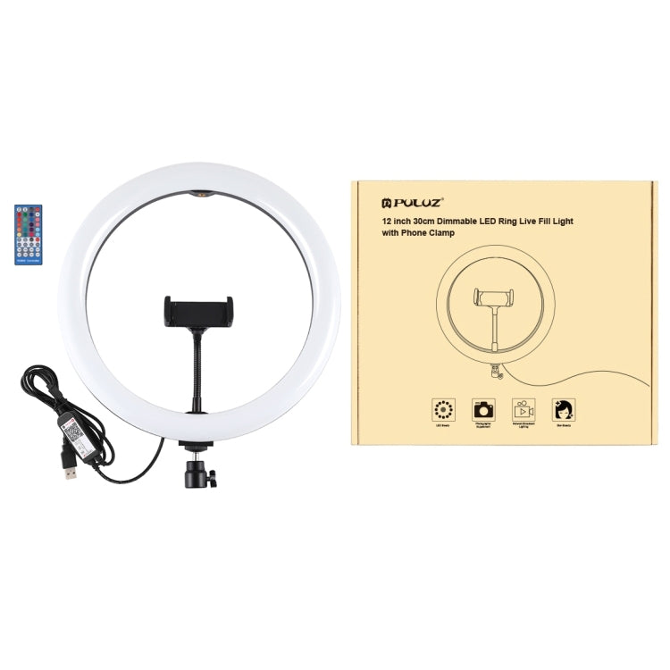 PULUZ 11.8 inch 30cm RGB Dimmable LED Dual Color Temperature LED Curved Diffuse Light Ring Vlogging Selfie Photography Video Lights with Tripod Ball Head & Phone Clamp & Remote Control(Black) - Ring Light by PULUZ | Online Shopping UK | buy2fix