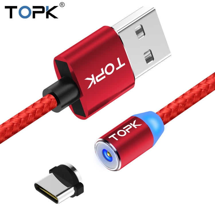 TOPK 1m 2.4A Max USB to USB-C / Type-C Nylon Braided Magnetic Charging Cable with LED Indicator(Red) - Mobile Accessories by TOPK | Online Shopping UK | buy2fix