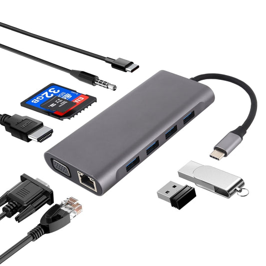 11 in 1 VGA + LAN Port + 4 x USB 3.0 + SD / TF Card + HDMI + Audio Port + USB-C / Type-C Female to USB-C / Type-C HUB Adapter(Dark Gray) - Computer & Networking by buy2fix | Online Shopping UK | buy2fix