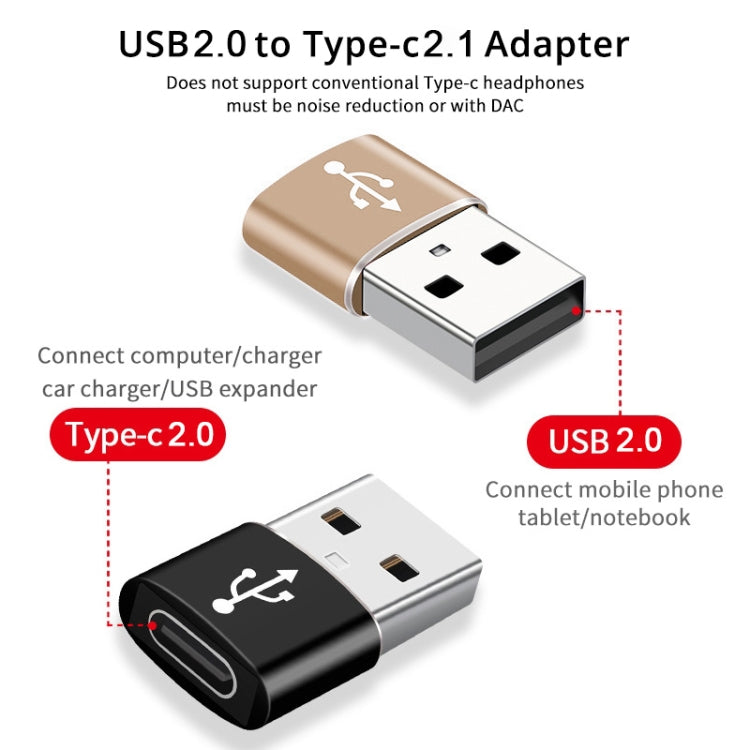 USB-C / Type-C Female to USB 2.0 Male Aluminum Alloy Adapter, Support Charging & Transmission(Gold) - Type-C Adapter by buy2fix | Online Shopping UK | buy2fix