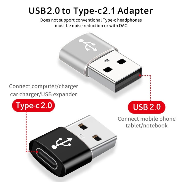 USB-C / Type-C Female to USB 2.0 Male Aluminum Alloy Adapter, Support Charging & Transmission(Silver) - Type-C Adapter by buy2fix | Online Shopping UK | buy2fix