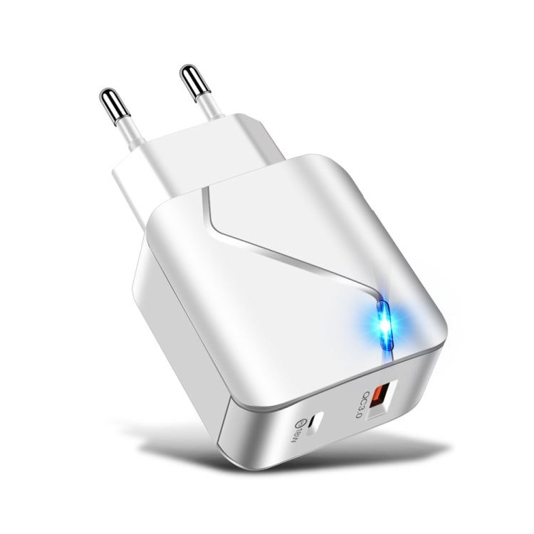 LZ-819A+C 18W QC3.0 USB + PD USB-C / Type-C Interface Travel Charger with Indicator Light + USB-C / Type-C to 8 Pin Fast Charging Data Cable Set, EU Plug(White) - Mobile Accessories by buy2fix | Online Shopping UK | buy2fix
