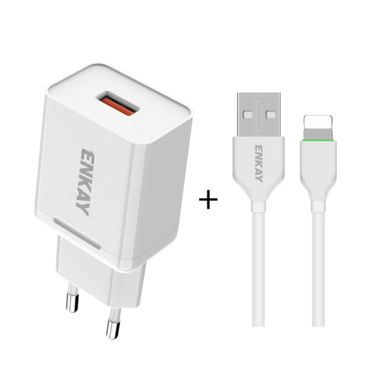 ENKAY Hat-Prince T033 18W 3A QC3.0 Fast Charging Power Adapter EU Plug Portable Travel Charger With 3A 1m 8 Pin Cable - Mobile Accessories by ENKAY | Online Shopping UK | buy2fix