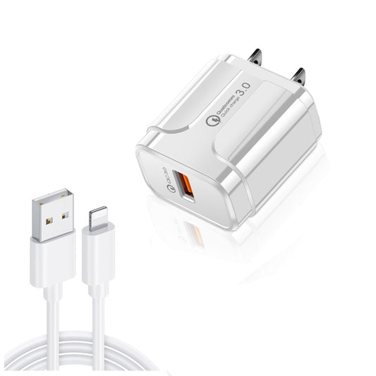 LZ-023 18W QC 3.0 USB Portable Travel Charger + 3A USB to 8 Pin Data Cable, US Plug(White) - Apple Accessories by buy2fix | Online Shopping UK | buy2fix