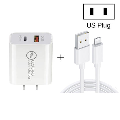 20W PD Type-C + QC 3.0 USB Interface Fast Charging Travel Charger with USB to 8 Pin Fast Charge Data Cable US Plug - USB Charger by buy2fix | Online Shopping UK | buy2fix