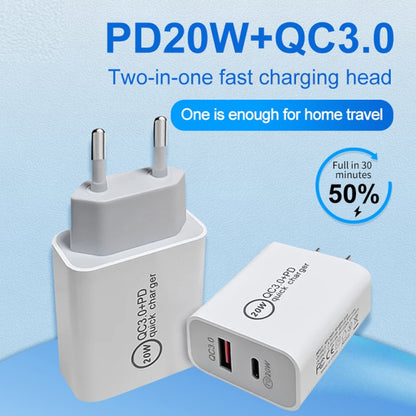 20W PD Type-C + QC 3.0 USB Interface Fast Charging Travel Charger with USB to 8 Pin Fast Charge Data Cable US Plug - USB Charger by buy2fix | Online Shopping UK | buy2fix