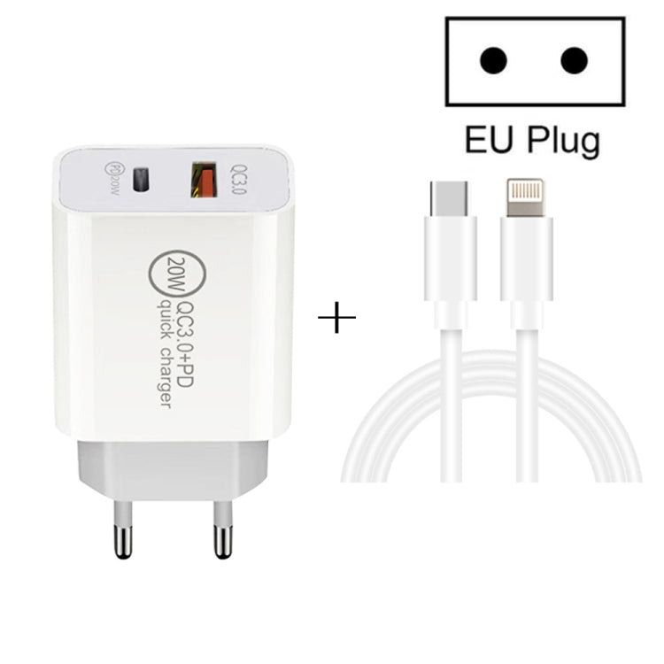 20W PD Type-C + QC 3.0 USB Interface Fast Charging Travel Charger with USB-C / Type-C to 8 Pin Fast Charge Data Cable EU Plug - Apple Accessories by buy2fix | Online Shopping UK | buy2fix