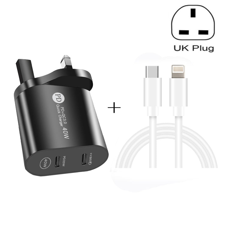 002 40W Dual Port PD / Type-C Fast Charger with USB-C to 8 Pin Data Cable, UK Plug(Black) - USB Charger by buy2fix | Online Shopping UK | buy2fix