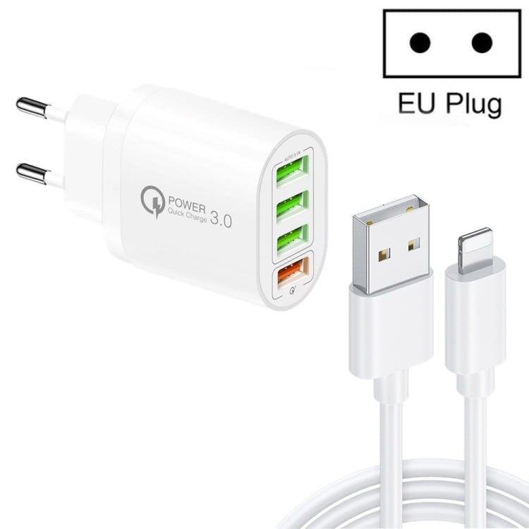 QC-04 QC3.0 + 3 x USB2.0 Multi-ports Charger with 3A USB to 8 Pin Data Cable, EU Plug(White) - Apple Accessories by buy2fix | Online Shopping UK | buy2fix