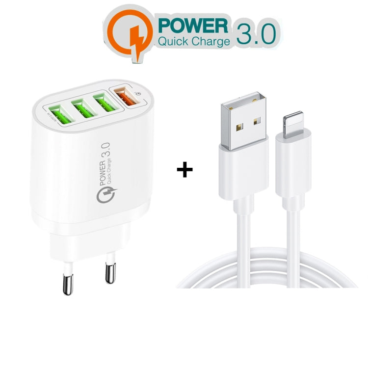 QC-04 QC3.0 + 3 x USB2.0 Multi-ports Charger with 3A USB to 8 Pin Data Cable, EU Plug(White) - Apple Accessories by buy2fix | Online Shopping UK | buy2fix