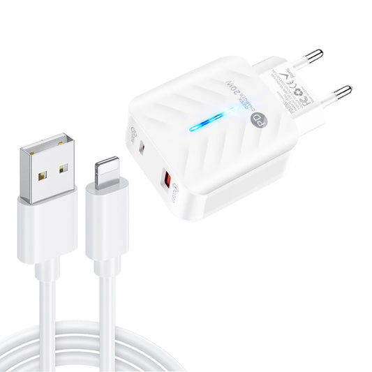 PD03 20W PD3.0 + QC3.0 USB Charger with USB to 8 Pin Data Cable, EU Plug(White) - USB Charger by buy2fix | Online Shopping UK | buy2fix