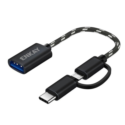 ENKAY ENK-AT113 2 in 1 Type-C / Micro USB to USB 3.0 Nylon Braided OTG Adapter Cable(Black) - OTG Adapter by ENKAY | Online Shopping UK | buy2fix