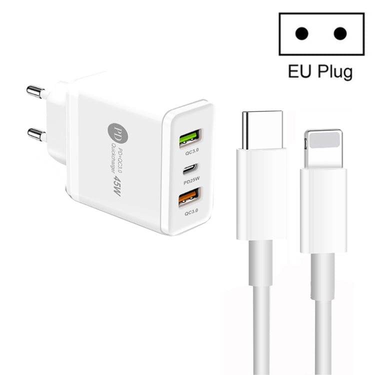 45W PD3.0 + 2 x QC3.0 USB Multi Port Charger with Type-C to 8 Pin Cable, EU Plug(White) - USB Charger by buy2fix | Online Shopping UK | buy2fix