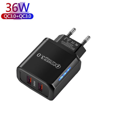 36W Dual Port QC3.0 USB Charger with 3A USB to 8 Pin Data Cable, EU Plug(Black) - Apple Accessories by buy2fix | Online Shopping UK | buy2fix