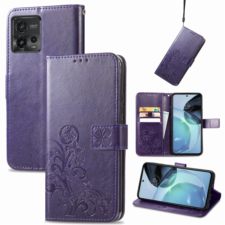 For Motorola Moto G72 Four-leaf Clasp Embossed Leather Phone Case(Purple) - Motorola Cases by buy2fix | Online Shopping UK | buy2fix