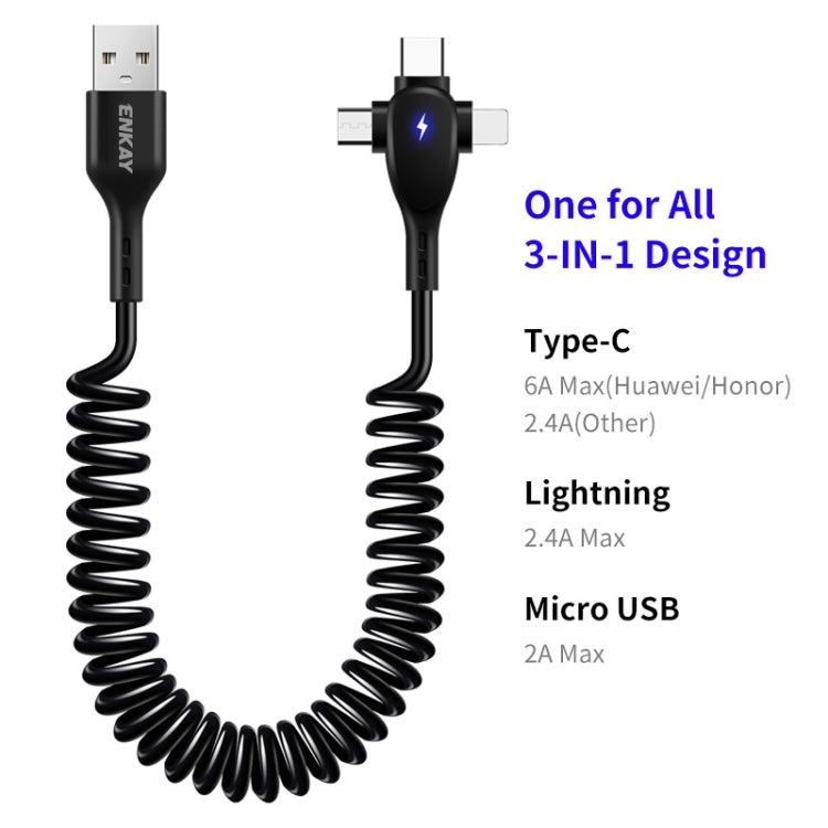 ENKAY Hat-Prince 3 in 1 6A USB to 8 Pin+Type-C+Micro USB Supper Fast Charge Spring Cable, Length: 1.8m(Black) - Multifunction Cable by ENKAY | Online Shopping UK | buy2fix