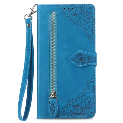 For Xiaomi POCO F5 Embossed Flower Zipper Leather Phone Case(Blue) - Xiaomi Cases by buy2fix | Online Shopping UK | buy2fix