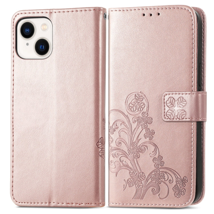 For iPhone 15 Four-leaf Clasp Embossed Buckle Leather Phone Case(Rose Gold) - iPhone 15 Cases by buy2fix | Online Shopping UK | buy2fix