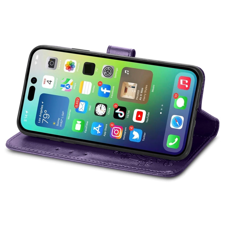 For iPhone 15 Plus Four-leaf Clasp Embossed Buckle Leather Phone Case(Purple) - iPhone 15 Plus Cases by buy2fix | Online Shopping UK | buy2fix