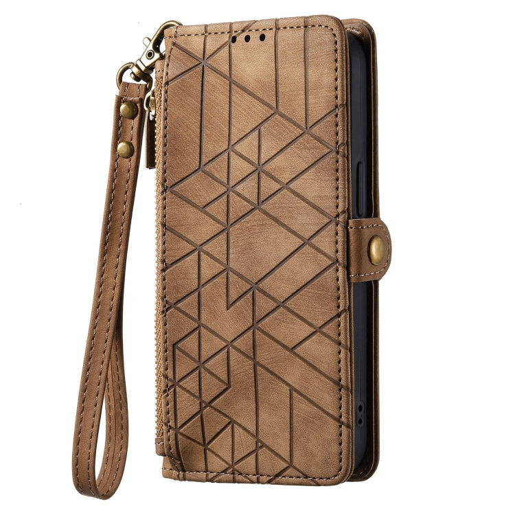 For Google Pixel 7A Geometric Zipper Wallet Side Buckle Leather Phone Case(Brown) - Google Cases by buy2fix | Online Shopping UK | buy2fix