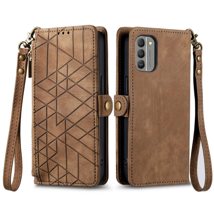 For Nokia XR21 Geometric Zipper Wallet Side Buckle Leather Phone Case(Brown) - Nokia Cases by buy2fix | Online Shopping UK | buy2fix