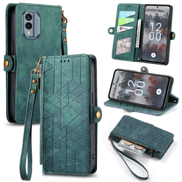 For Nokia X30 5G Geometric Zipper Wallet Side Buckle Leather Phone Case(Green) - Nokia Cases by buy2fix | Online Shopping UK | buy2fix