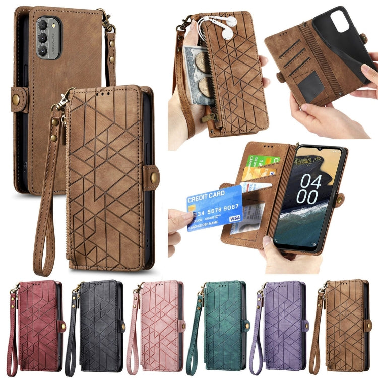 For Nokia C21 Plus Geometric Zipper Wallet Side Buckle Leather Phone Case(Brown) - Nokia Cases by buy2fix | Online Shopping UK | buy2fix