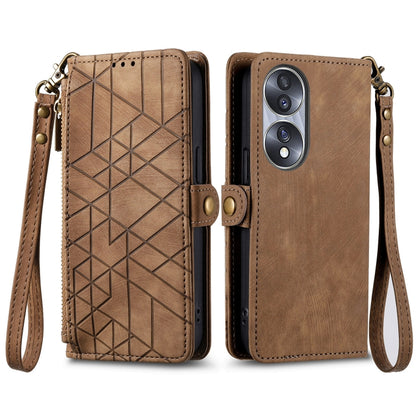 For Honor 90 Lite / X50i Geometric Zipper Wallet Side Buckle Leather Phone Case(Brown) - Honor Cases by buy2fix | Online Shopping UK | buy2fix