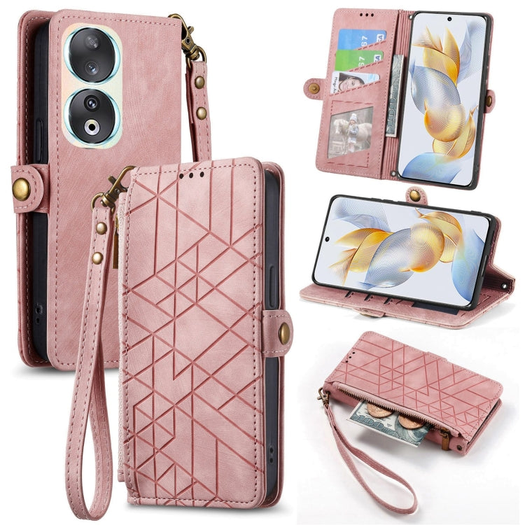 For Honor 90 Geometric Zipper Wallet Side Buckle Leather Phone Case(Pink) - Honor Cases by buy2fix | Online Shopping UK | buy2fix