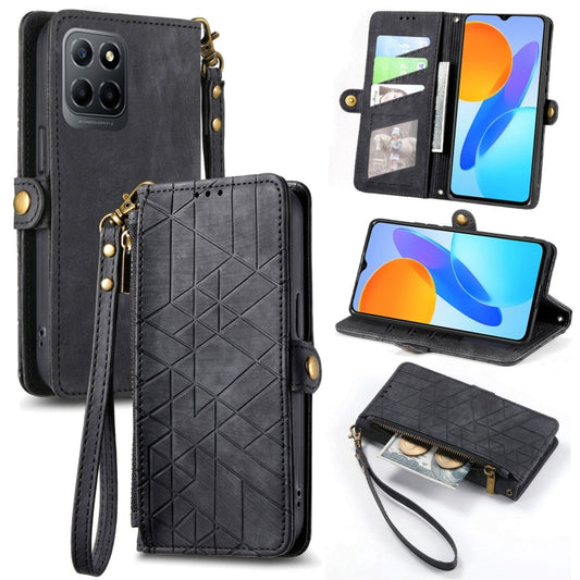 For Honor X8 5G Geometric Zipper Wallet Side Buckle Leather Phone Case(Black) - Honor Cases by buy2fix | Online Shopping UK | buy2fix