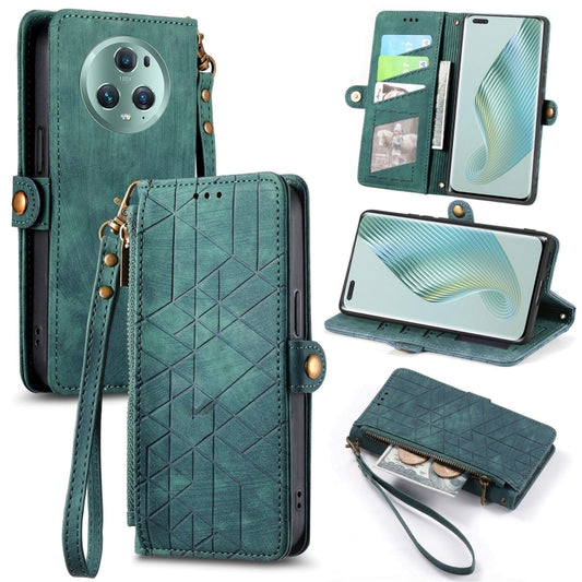 For Honor Magic5 Geometric Zipper Wallet Side Buckle Leather Phone Case(Green) - Honor Cases by buy2fix | Online Shopping UK | buy2fix
