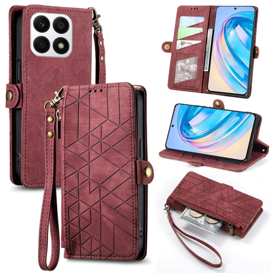 For Honor X8A Geometric Zipper Wallet Side Buckle Leather Phone Case(Red) - Honor Cases by buy2fix | Online Shopping UK | buy2fix