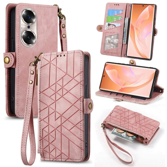 For Honor 60 Geometric Zipper Wallet Side Buckle Leather Phone Case(Pink) - Honor Cases by buy2fix | Online Shopping UK | buy2fix