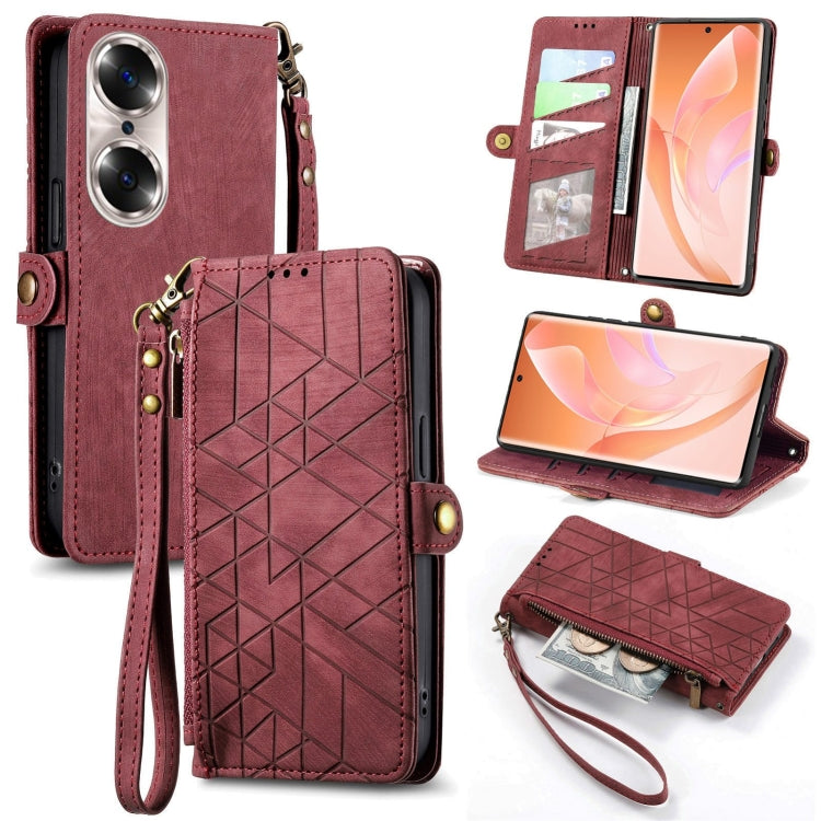 For Honor 60 Pro Geometric Zipper Wallet Side Buckle Leather Phone Case(Red) - Honor Cases by buy2fix | Online Shopping UK | buy2fix