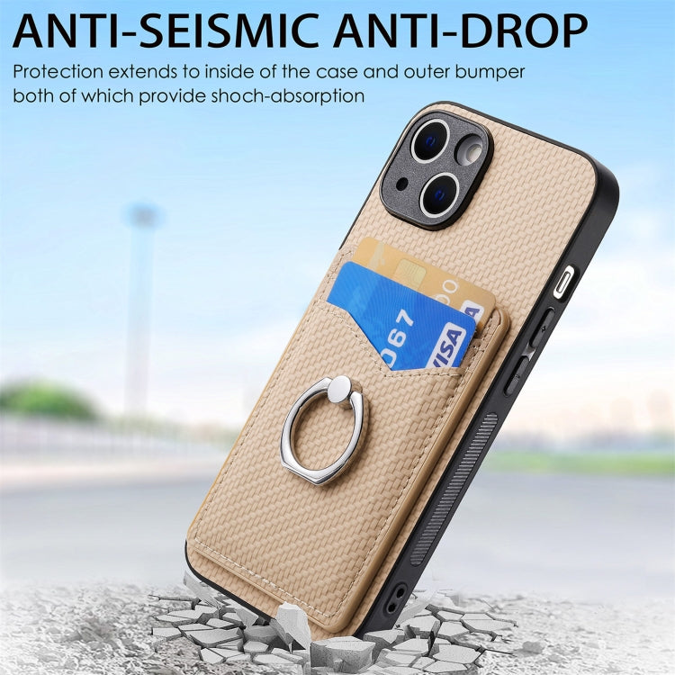 For iPhone 15 Pro Max Carbon Fiber Card Wallet Ring Holder Phone Case(Khaki) - iPhone 15 Pro Max Cases by buy2fix | Online Shopping UK | buy2fix