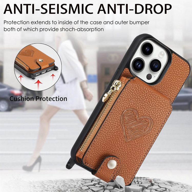 For iPhone 15 Pro Max Crossbody Love Zipper Leather Back Phone Case(Brown) - iPhone 15 Pro Max Cases by buy2fix | Online Shopping UK | buy2fix