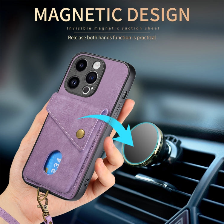 For iPhone 15 Pro Max Retro Card Wallet Fold Leather Phone Case with Strap(Purple) - iPhone 15 Pro Max Cases by buy2fix | Online Shopping UK | buy2fix