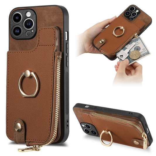 For iPhone 15 Pro Max Cross Leather Ring Vertical Zipper Wallet Back Phone Case(Brown) - iPhone 15 Pro Max Cases by buy2fix | Online Shopping UK | buy2fix