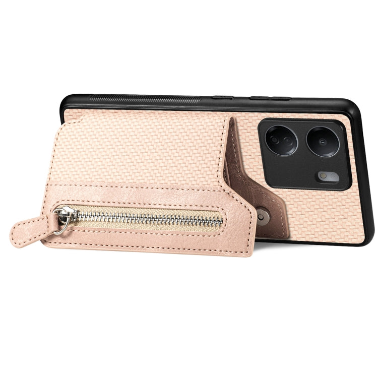 For Xiaomi  Redmi 13C Carbon Fiber Flip Zipper Wallet Phone Case(Apricot) - 13C Cases by buy2fix | Online Shopping UK | buy2fix