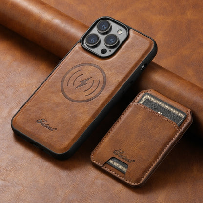 For iPhone 15 Suteni H15 MagSafe Oil Eax Leather Detachable Wallet Back Phone Case(Brown) - iPhone 15 Cases by Suteni | Online Shopping UK | buy2fix