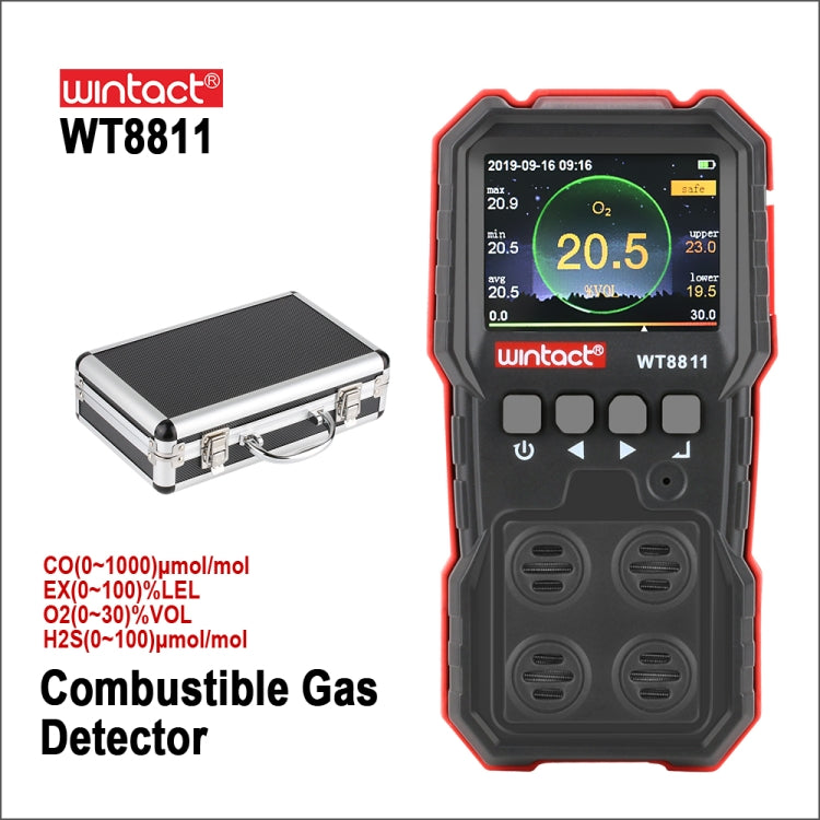 WINTACT WT8811 Compoud Gas Monitor LCD Display Rechargeable Multifunction 4 in1 Combustible O2 H2S CO Gas Sensor Sound-light Vibration Alarm - Consumer Electronics by BENETECH | Online Shopping UK | buy2fix