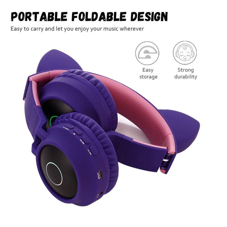 BT028C Cute Cat Ear Bluetooth 5.0 Headphones Foldable On-Ear Stereo Wireless Headset Headphone with Mic / LED Light / FM Radio / TF Card(Purple) - Headset & Headphone by buy2fix | Online Shopping UK | buy2fix