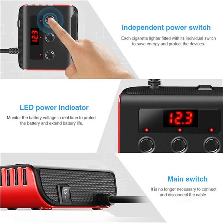 TR12 3 in 1 100W 4USB Car Cigarette Lighter with Switch Voltage Display(Black Red) - In Car by buy2fix | Online Shopping UK | buy2fix