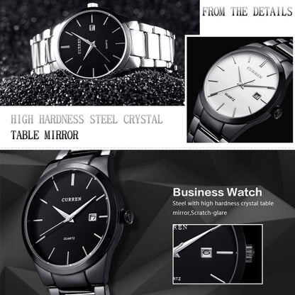 CURREN 8106 Fashion Business Calendar Waterproof Full Steel Quartz Watch(white case black face) - Metal Strap Watches by CURREN | Online Shopping UK | buy2fix
