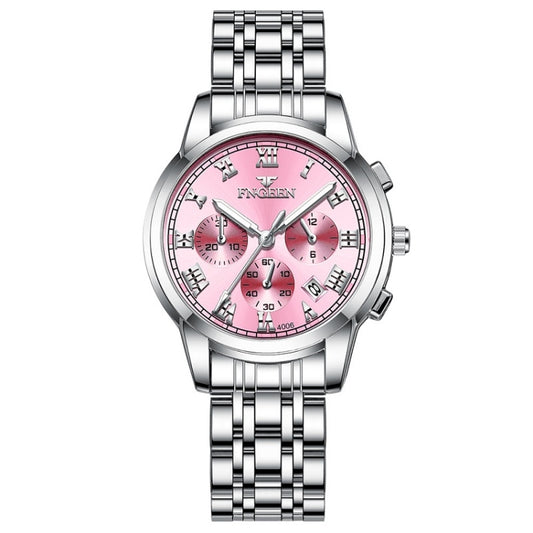 FNGEEN 4006 Ladies Quartz Watch Fashion Luminous Date Display Watch(White Steel Pink Surface) - Metal Strap Watches by FNGEEN | Online Shopping UK | buy2fix