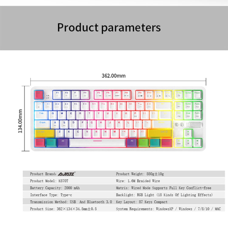 Ajazz K870T 87-keys Wired Bluetooth + Type-C Rechargeable Mechanical Keyboard  Mini RGB Backlit Keyboard, Cable Length: 1.6m(Tea Shaft) - Wired Keyboard by Ajazz | Online Shopping UK | buy2fix