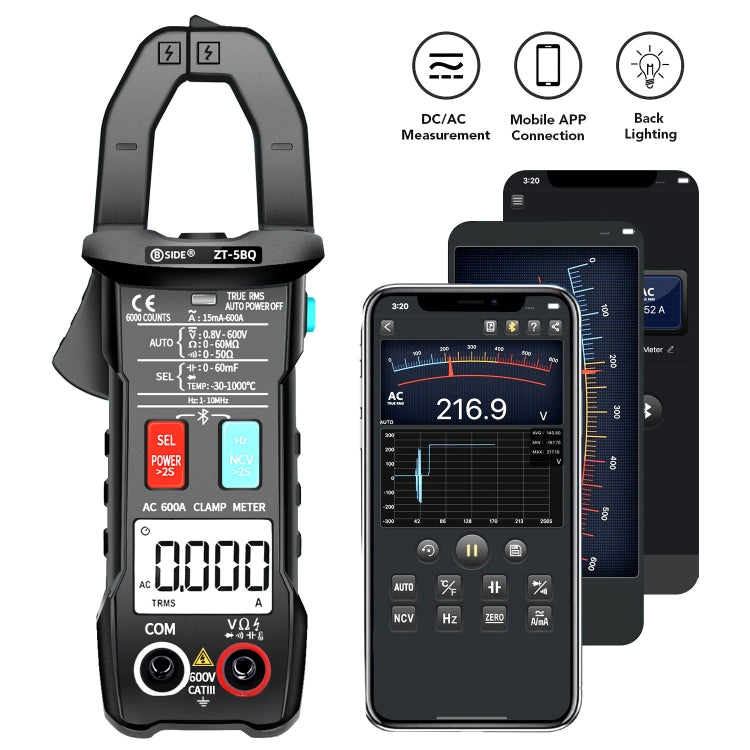 BSIDE  Bluetooth 5.0 6000 Words High Precision Smart AC Clamp Meter, Specification: ZT-5BQ+C3140 Clip - Consumer Electronics by BSIDE | Online Shopping UK | buy2fix