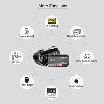 ORDRO AC5 4K HD Night Vision WiFi 12X Optical Zoom Digital Video DV Camera Camcorder, Style:Standard + Microphone(Black) - Video Cameras by ORDRO | Online Shopping UK | buy2fix